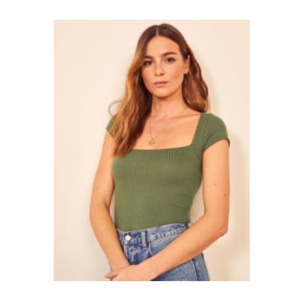 Reformation Bardot Green Ribbed Fitted Tee